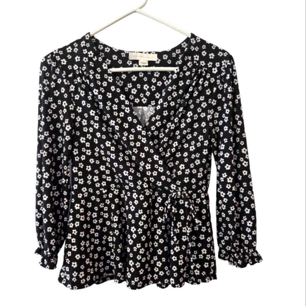 Monteau black and white women's wrap blouse, size S